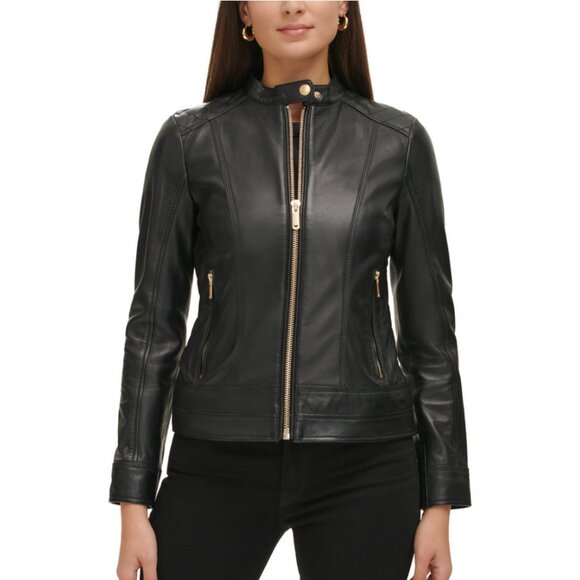 Guess Jackets & Blazers - Guess Women's Quilted-Shoulder Leather Coat